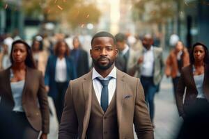 svart affärsman gående i modern stad, stilig man promenader på en fullt med folk fotgängare gata, afrikansk chef omgiven förbi fläck människor på upptagen gata. foto