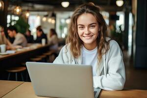 porträtt av skön europeisk kvinna studerande inlärning uppkopplad i kaffe affär, ung kvinna studier med bärbar dator i Kafé, håller på med läxa foto