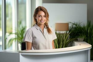 porträtt av leende receptionist kvinna hälsning klient, Lycklig företag kvinna reception i modern kontor foto