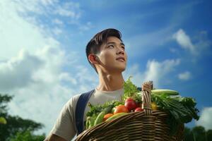 asiatisk manlig jordbrukare med korg av färsk grönsaker, presenter organisk grönsaker, friska mat foto