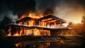 hus på brand olycka, brinnande bil bakgrund, Hem försäkring begrepp. generativ ai foto