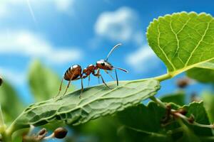 stänga upp skott av myra upptäckt mat på blad molnig blå himmel bakgrund. generativ ai foto
