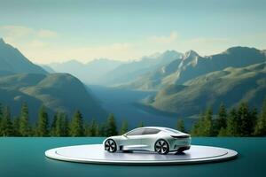 eco vänlig bil, autonom själv körning bil, noll kol utsläpp ev fordon, förnybar och hållbar energi begrepp. generativ ai foto