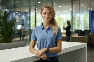 porträtt av leende receptionist kvinna hälsning klient, Lycklig företag kvinna reception i modern kontor foto