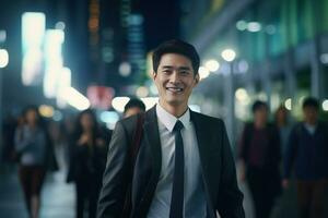 porträtt av Lycklig affärsman gående på gata på natt, stilig asiatisk chef i modern stad omgiven förbi suddig människor foto