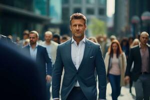 europeisk affärsman gående i modern stad, stilig chef promenader på en fullt med folk fotgängare gata, självsäker manlig på upptagen gata. foto