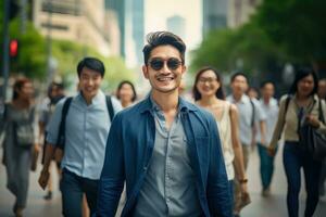 asiatisk man gående i modern stad, stilig Asien kille promenader på en fullt med folk fotgängare gata. foto