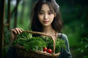 asiatisk kvinna jordbrukare med korg av färsk grönsaker, presenter organisk grönsaker, friska mat foto