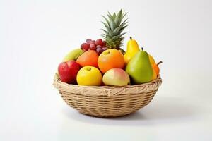 färsk frukt i korg isolerat på vit bakgrund, friska frukt rik i vitaminer. generativ ai foto