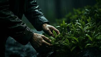 konstnärlig rekreation av händer plockning te löv i en plantage av te växter en regnar dag. illustration ai foto