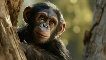 rekreation av en hominid brud som schimpans i en träd. illustration ai foto