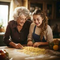 mormor undervisning barnbarn till göra pasta foto