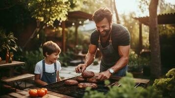 far och son grillning hamburgare i bakgård foto