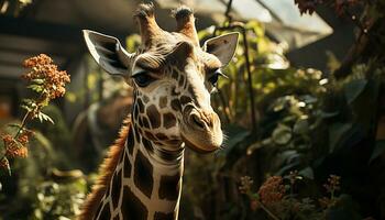 giraff stående lång, gazing på kamera, i afrikansk vildmark genererad förbi ai foto