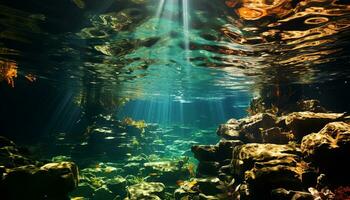 de skönhet av under vattnet natur fisk, rev, och vatten- landskap genererad förbi ai foto
