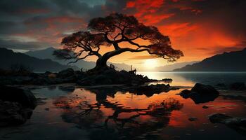 lugn scen solnedgång silhuett, reflekterande träd på vatten kant genererad förbi ai foto