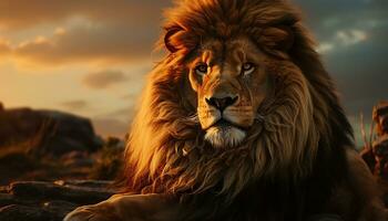 majestätisk lejon, kung av de savann, vilar på solnedgång genererad förbi ai foto
