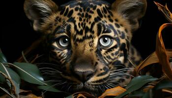 stänga upp porträtt av en söt, randig bengal tiger stirrande genererad förbi ai foto