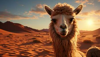 en söt alpacka ler, ser på kamera, i lantlig landskap genererad förbi ai foto