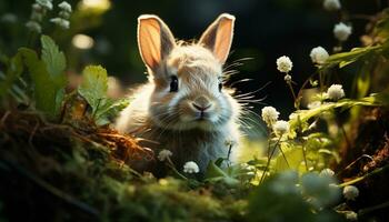 söt ung kanin Sammanträde i grön gräs, njuter springtime genererad förbi ai foto