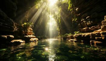 lugn scen natur skönhet reflekterad i en tropisk regnskog damm genererad förbi ai foto