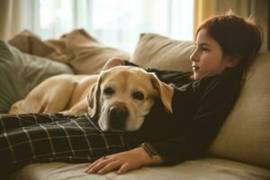 en flicka med henne labrador på de soffa. vänskap, sällskapsdjur foto