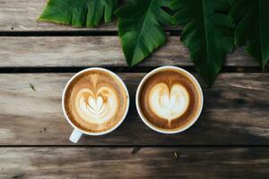 två koppar av cappuccino, mönstrad på de skum. kärlek, relation, par foto