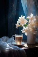 mysigt ljus Foto. en kopp av kaffe förbi de fönster, blommor foto
