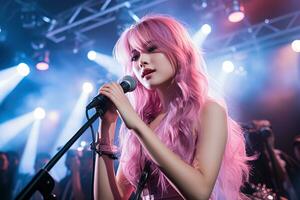ung charmig rosa håriga asiatisk k-pop idol flicka på skede sång in i en mikrofon foto