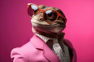 engagerande antropomorf ödla i en solglasögon och rosa mode outfin på en rosa bakgrund, generativ ai foto
