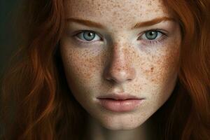 närbild porträtt av en skön rödhårig ung kvinna med fräknar foto