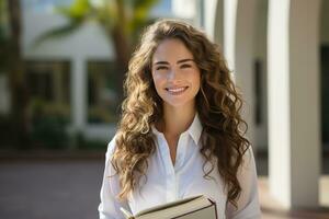 ung attraktiv lockigt håriga kvinna studerande leende med en böcker i henne händer stående i en högskola gård, generativ ai foto