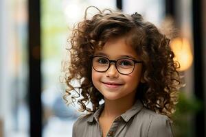 söt liten lockigt brunett flicka med glasögon i en offentlig plats med en ljust belyst suddigt bakgrund foto