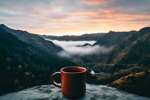 röd kopp av kaffe eller te på en dimmig berg landskap tidigt morgon, generativ ai foto