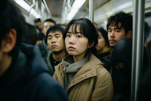 asiatisk orolig ledsen kvinna i fullt med folk tunnelbana tåg bland folkmassan av människor foto