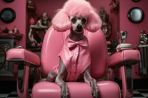 söt modern grå hund med fluffig pastell rosa hår i en rosa skjorta sitter på en läder stol foto