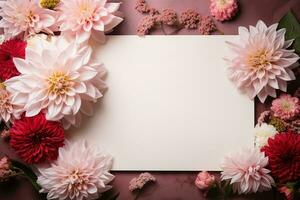 attrapp vit tom kort ark av papper på rosa bakgrund med röd och rosa dahlia blommor foto