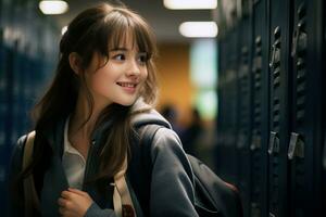 leende Söt asiatisk hög skola flicka nära skåp på skola, generativ ai foto