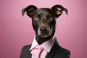 söt smart tunn hund i en företag kostym med en rosa skjorta och slips på en rosa bakgrund foto