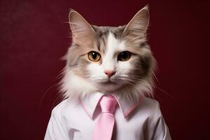 söt smart fluffig katt bär en skjorta med en rosa slips på en mörk röd bakgrund foto