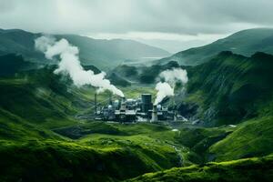 geotermisk kraft station inbäddat mitt i dimmig vulkanisk landskap skörd jordar värme foto
