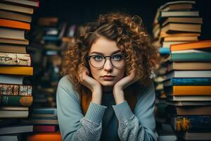 skön studerande kvinna med lockigt hår i glasögon bland stackar av böcker i de bibliotek foto
