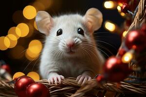 närbild porträtt av vit råtta på jul bokeh bakgrund foto