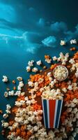 film biljetter och popcorn på blå bakgrund foto