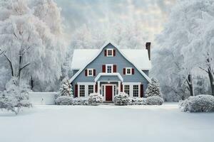 trevlig mysigt familj Land hus i vinter. verklig egendom begrepp foto