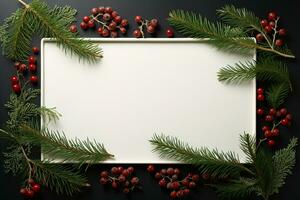 glad jul och Lycklig ny år hälsning kort platt lägga begrepp. vit ark av papper med kopia Plats med dekorativ ram fodrad med gran grenar och järnek bär foto