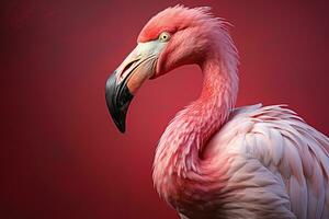 närbild av stående flamingo på rosa bakgrund foto