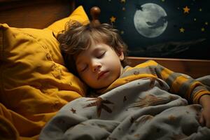 liten förtjusande bebis sovande i säng på en gul kudde, generativ ai foto
