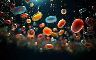medicinsk illustration med olika färgrik celler och mikroorganismer foto