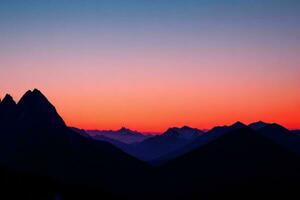 berg silhuetter på solnedgång. ai generativ proffs Foto
